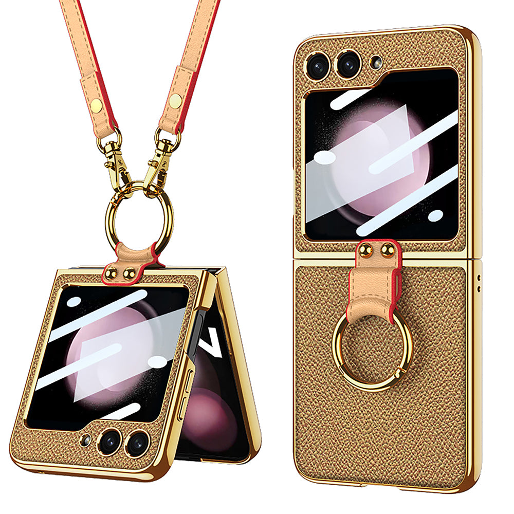 Luxury Leather Samsung Z Filp5 Phone Case With Crossbody Rope