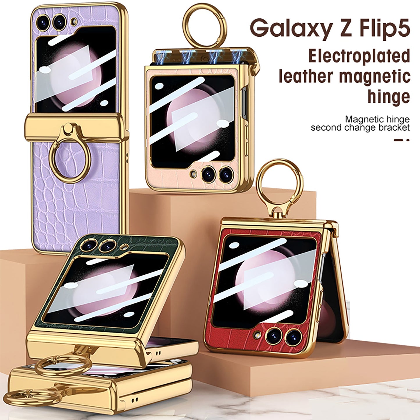 Electroplated Leather Magnetic Hinge Ring Holder Case For Samsung Galaxy Z Flip5 Flip4 Flip3 With Front Protection Film - Mycasety Mycasety