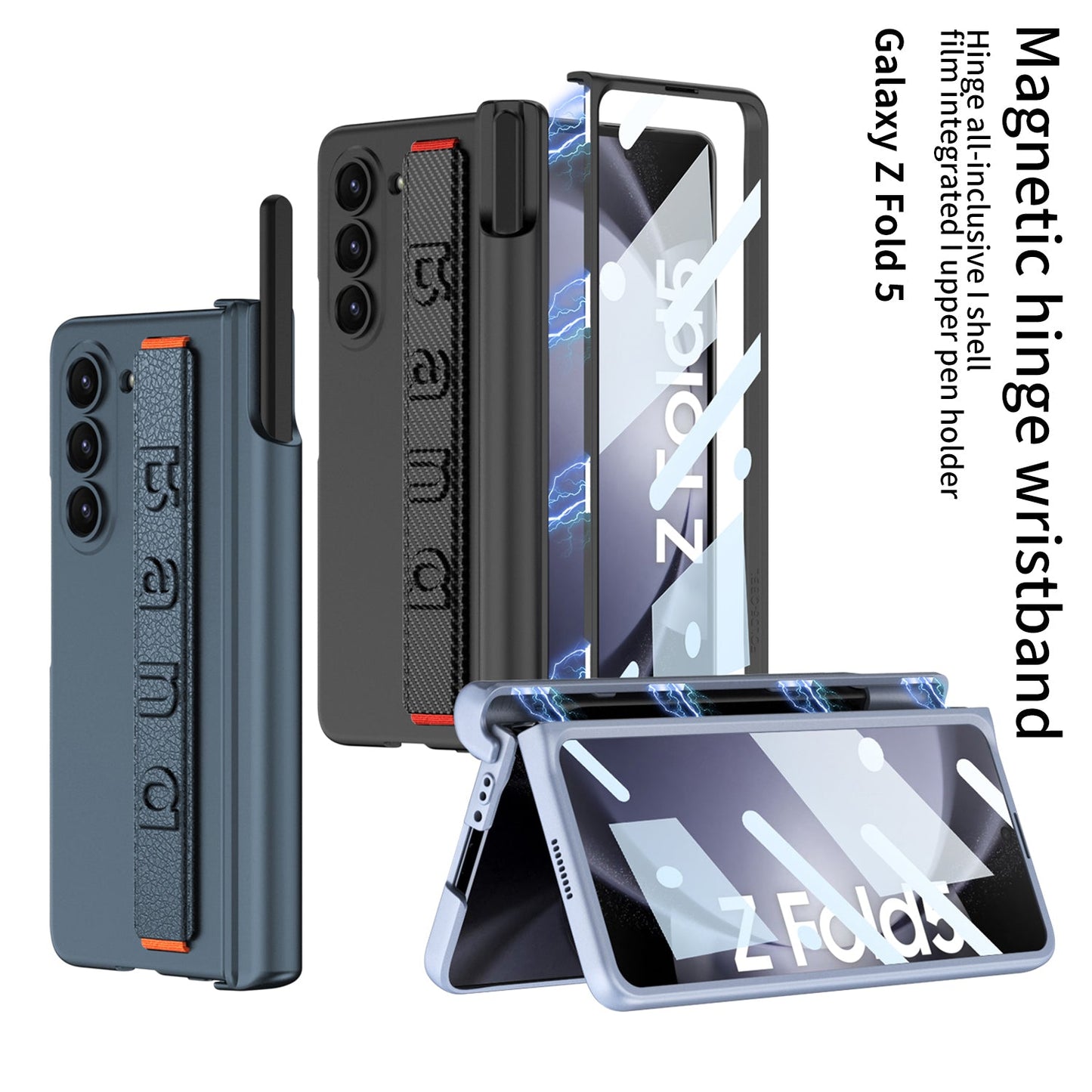Magnetic Hinge Pen Slot Wristband Holder Phone Case With Back Screen Protector For Samsung Galaxy Z Fold5 Fold4 Fold3 - mycasety2023 Mycasety