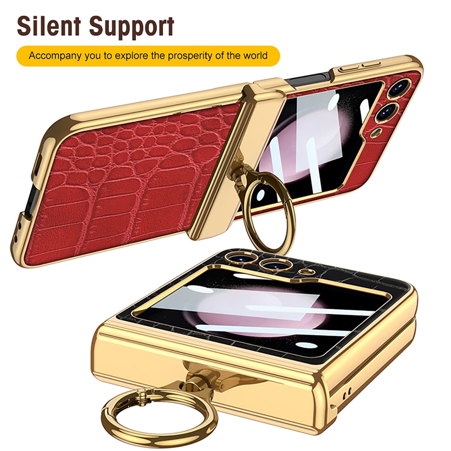Electroplated Leather Magnetic Hinge Ring Holder Case For Samsung Galaxy Z Flip5 Flip4 Flip3 With Front Protection Film - Mycasety Mycasety