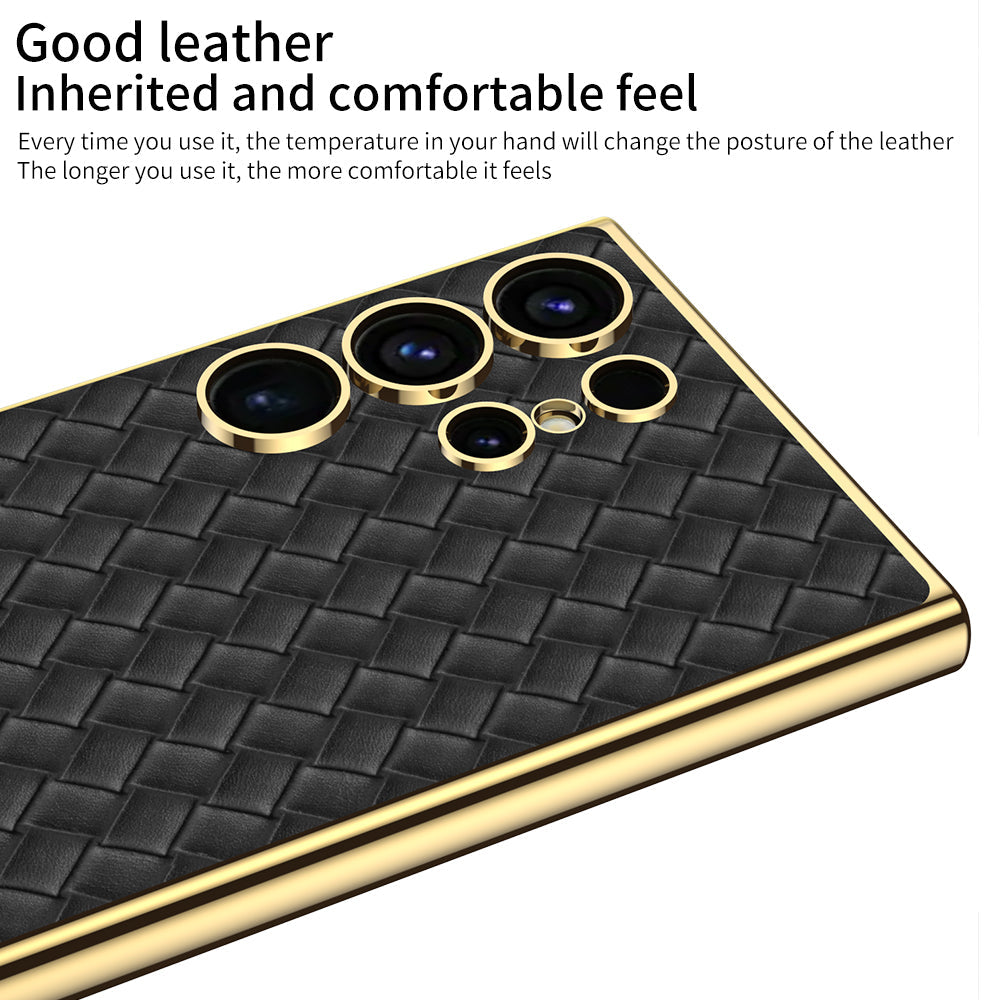 Woven Texture Electroplated Leather Phone Case For Samsung S24 S23 Ultra Plus