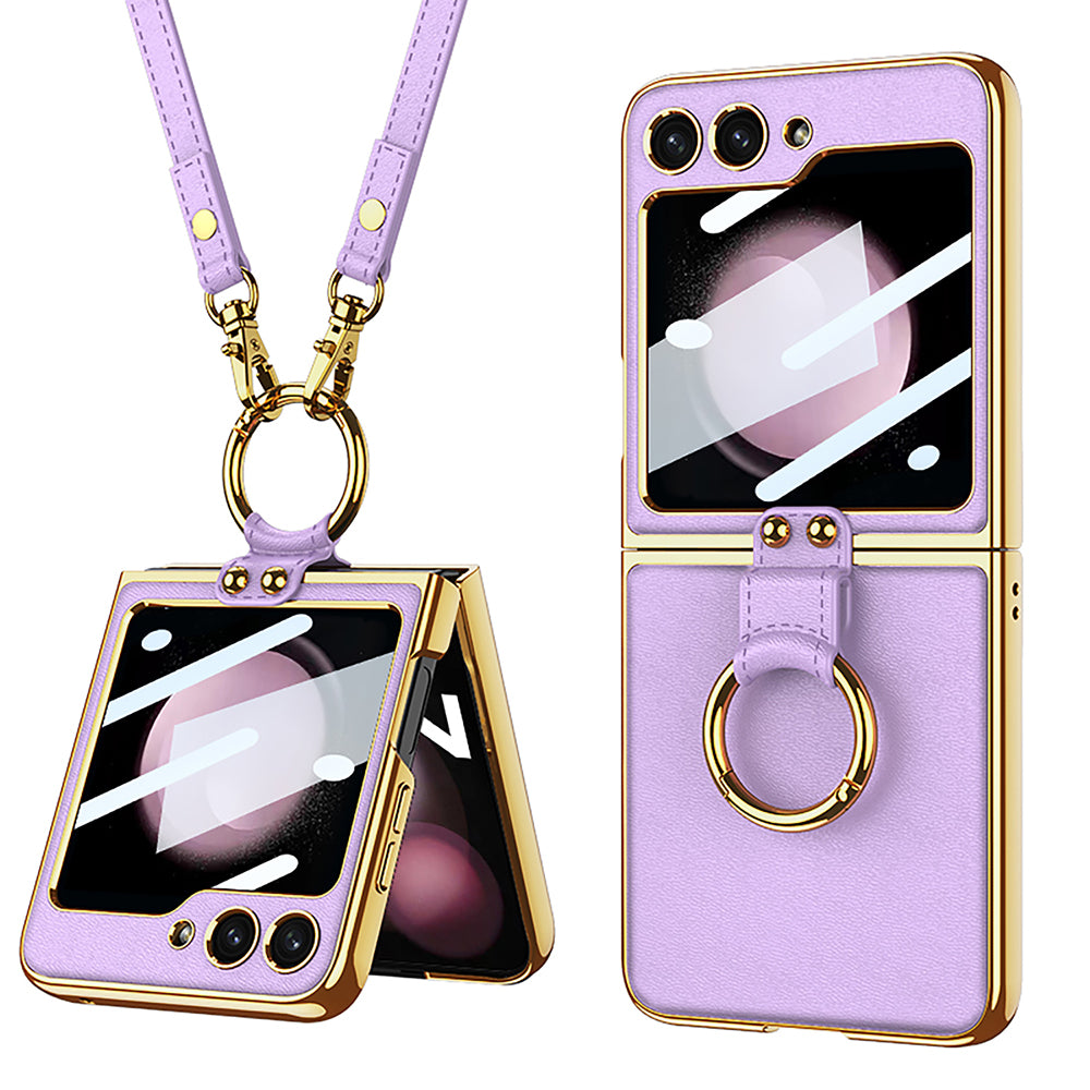 Luxury Leather Samsung Z Filp5 Phone Case With Crossbody Rope