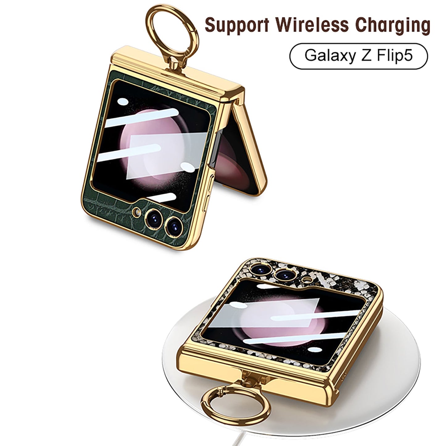 Electroplated Leather Magnetic Hinge Ring Holder Case For Samsung Galaxy Z Flip5 Flip4 Flip3 With Front Protection Film - Mycasety Mycasety