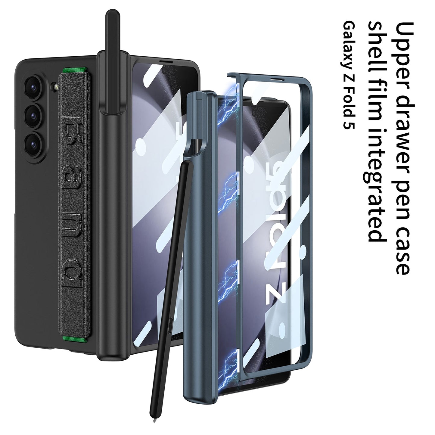 Magnetic Hinge Pen Slot Wristband Holder Phone Case With Back Screen Protector For Samsung Galaxy Z Fold5 Fold4 Fold3 - mycasety2023 Mycasety