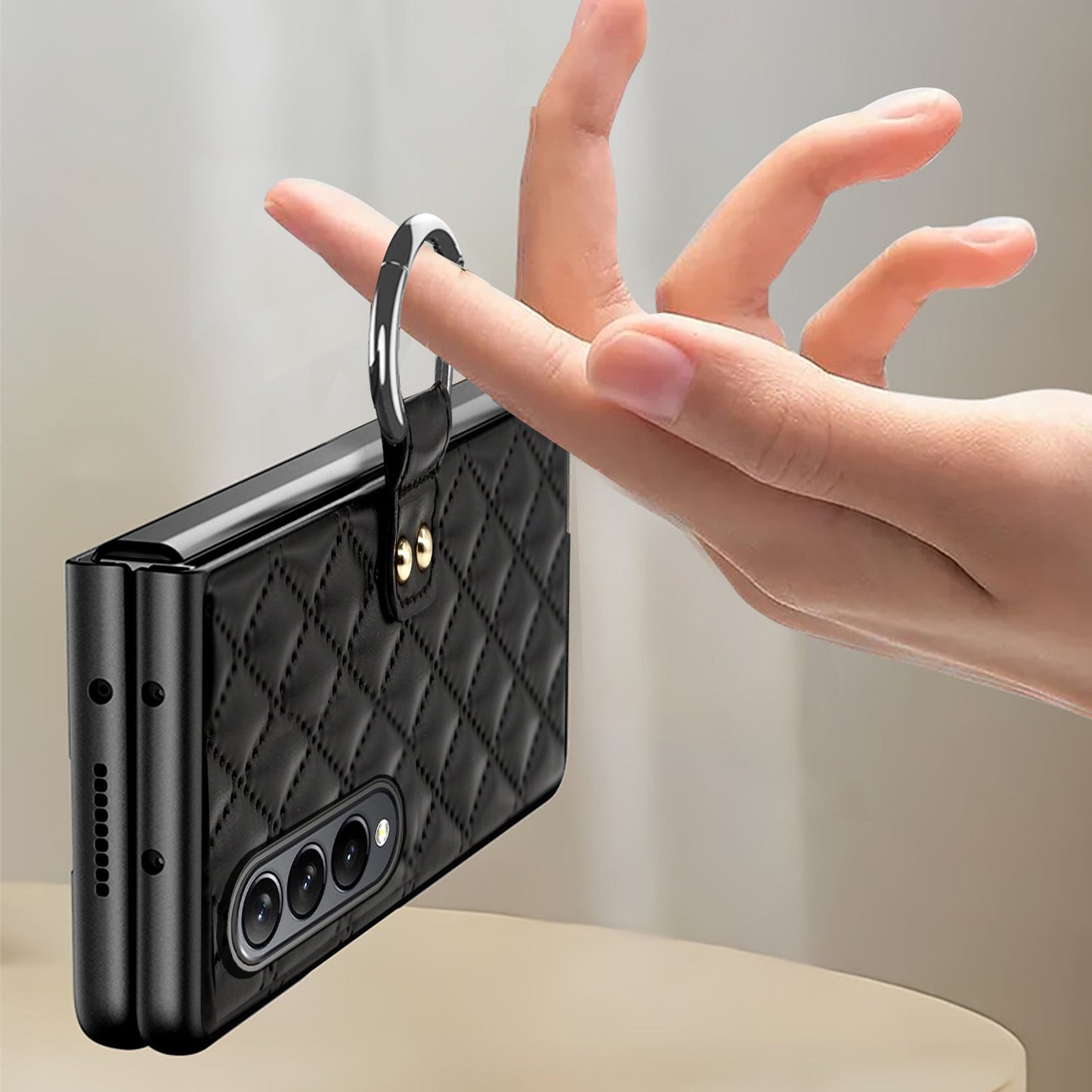 Luxurious Leather Ring Holder Protective Phone Case With Front Protection Film For Samsung Galaxy Z Fold5 Fold4 Fold3 - Mycasety Mycasety