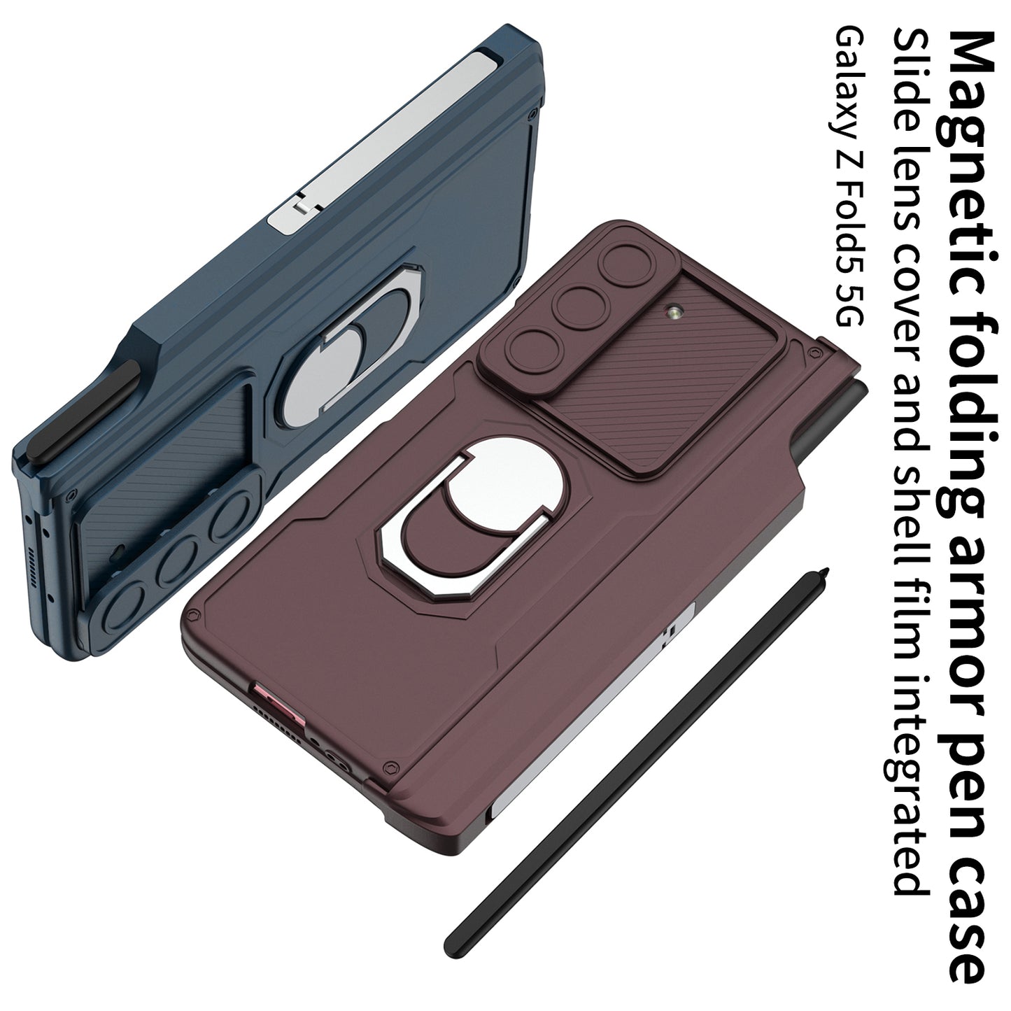 Magnetic Folding Armor Pen Case Slide Lens Cover Film Integrated Case For Samsung Galaxy Z Fold5
