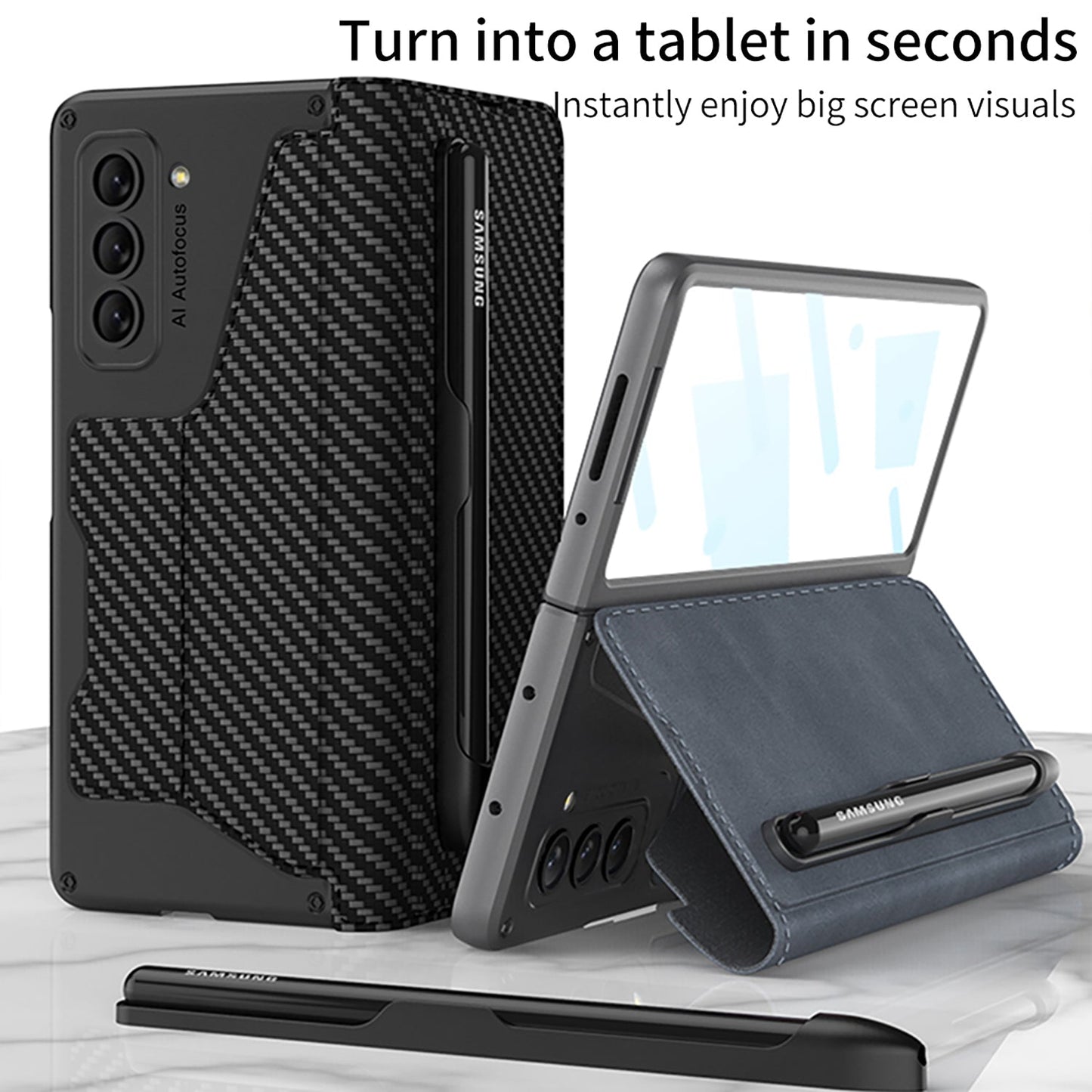 Leather Pen Holder Armor Phone Case With Back Screen Protector For Samsung Galaxy Z Fold5 Fold4 - Mycasety Mycasety