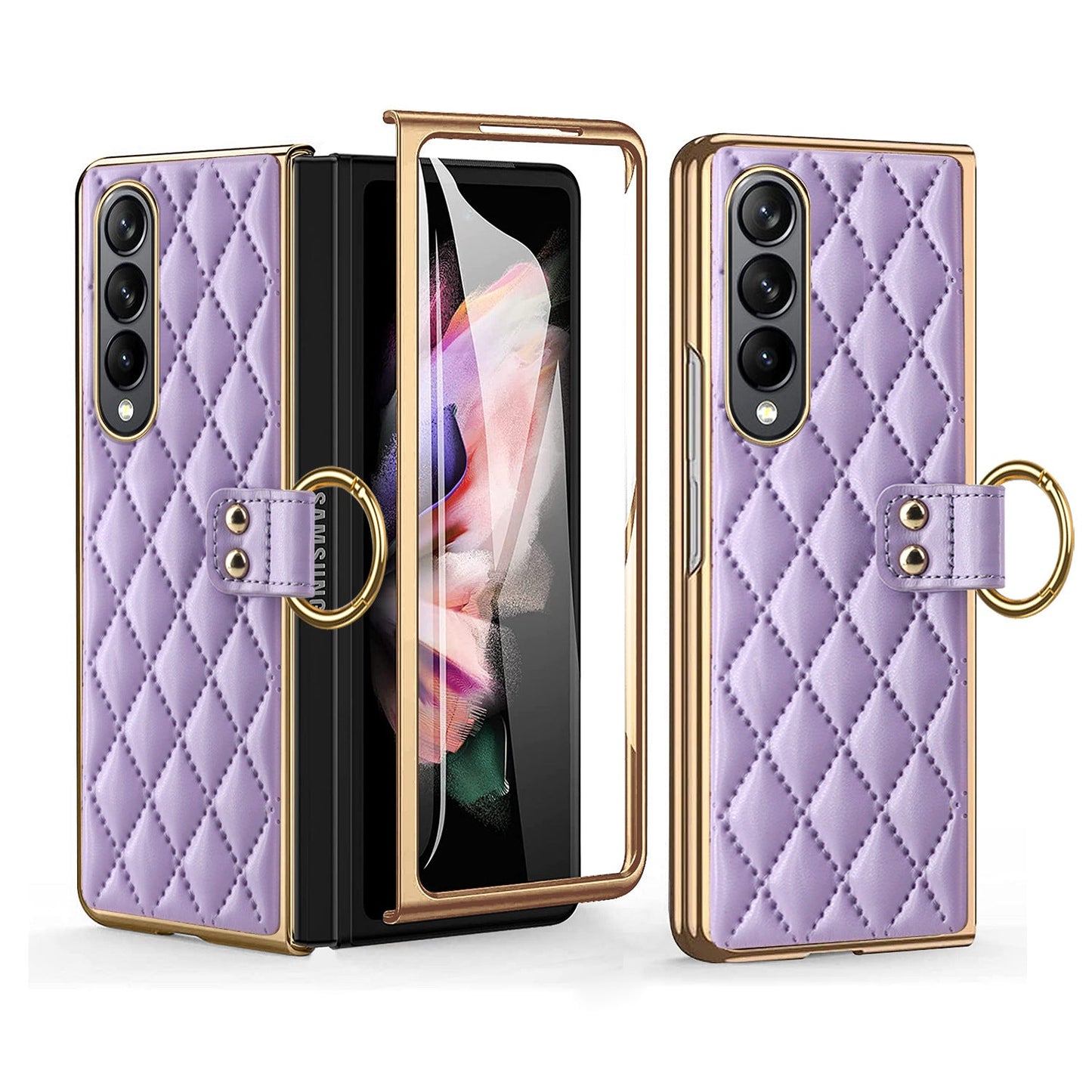 Luxurious Leather Ring Holder Protective Phone Case With Front Protection Film For Samsung Galaxy Z Fold5 Fold4 Fold3 - Mycasety Mycasety