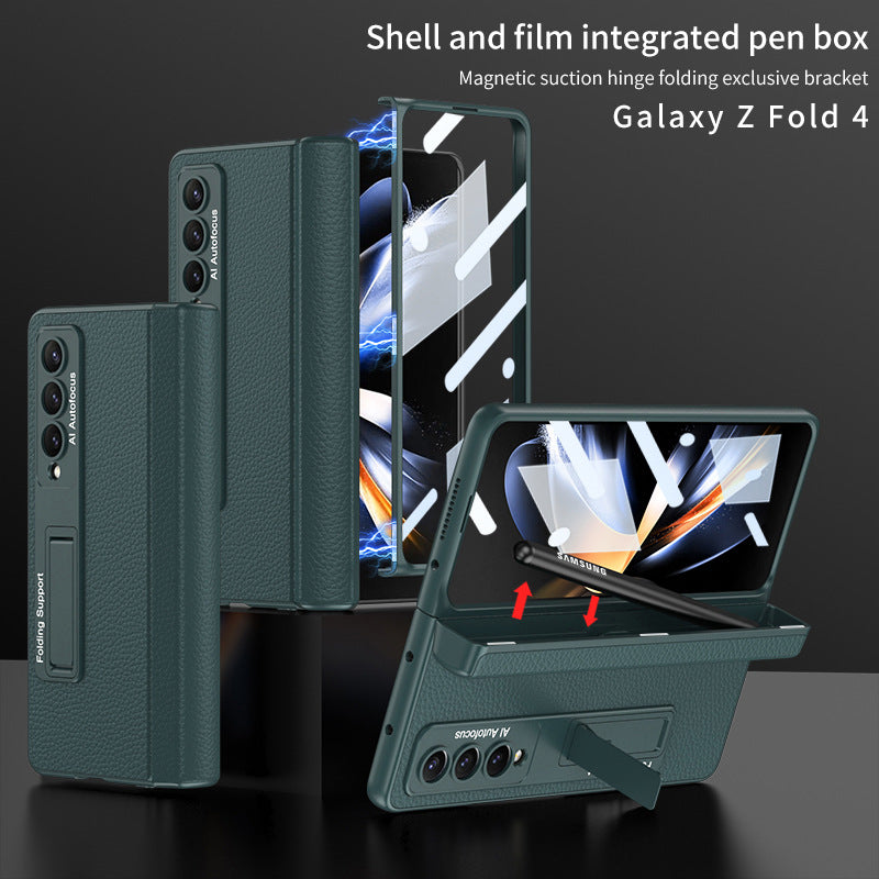 Magnetic Hinge Holder Protective Pen Case Leather Phone Case With Back Screen Glass For Samsung Galaxy Z Fold3 Fold4 Fold5 5G - Mycasety Mycasety