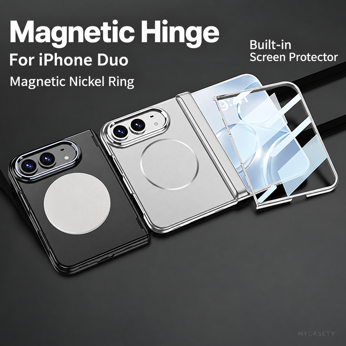 iPhone Duo - Magnetic Hinge Protection Fashion Cover Built-in Tempered Glass Film & Magnetic Ring