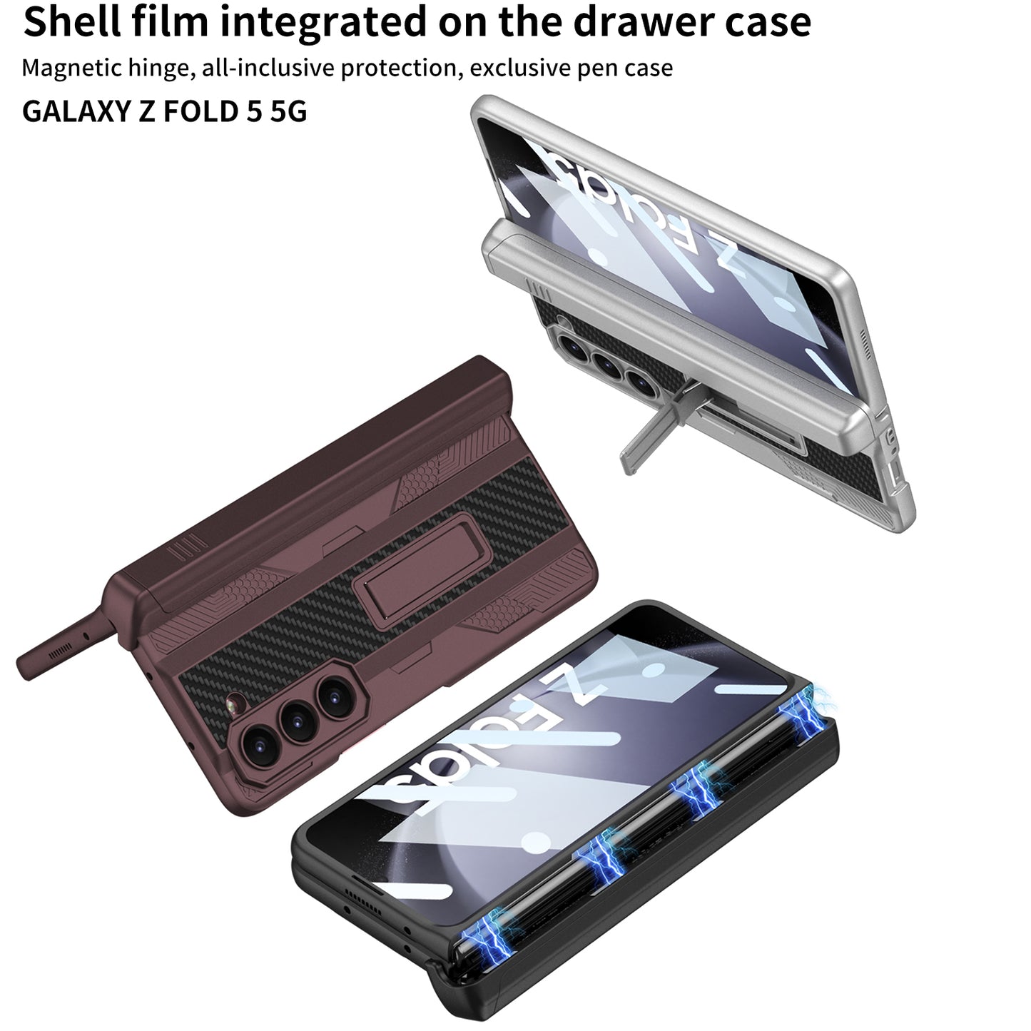 Magnetic Samsung Galaxy Z Fold5 Integrated on the Drawer Case With S Pen Slide Case & Film