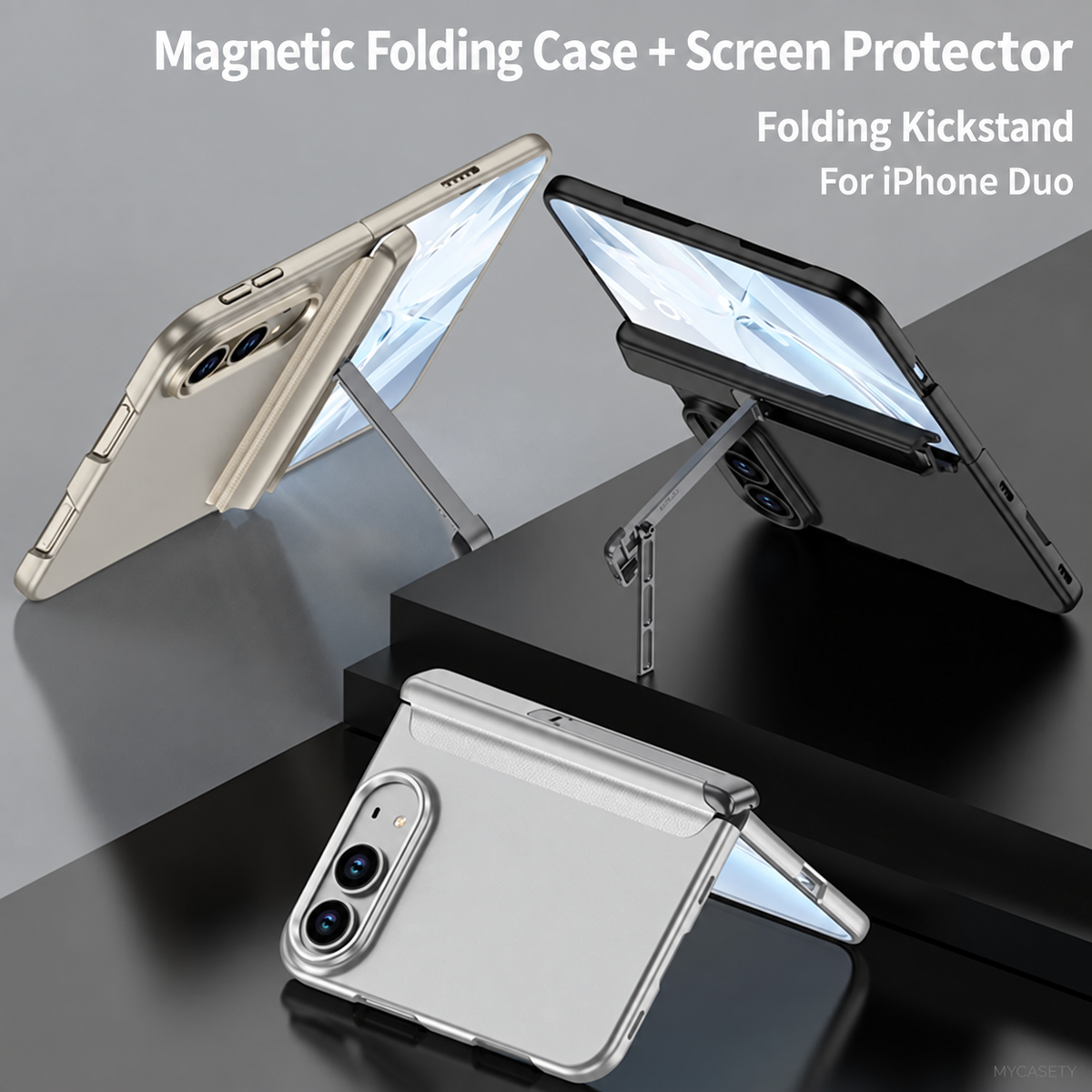 iPhone Duo - Magnetic Hinge Protection Business Cover Built-in Tempered Glass Film & Tri‑Fold Side Kickstand