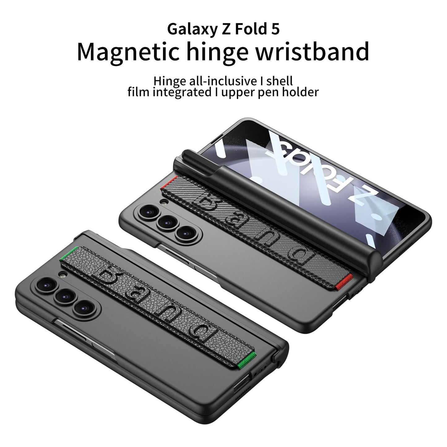 Magnetic Hinge Pen Slot Wristband Holder Phone Case With Back Screen Protector For Samsung Galaxy Z Fold5 Fold4 Fold3 - mycasety2023 Mycasety