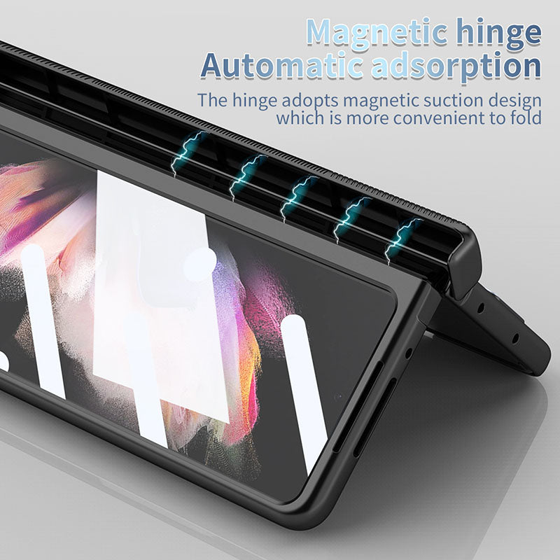 Luxury Magnetic Hinge Pen Holder Full Protection Case For Samsung Galaxy Z Fold3 Fold4 5G With Tempered Glass Film - Mycasety Mycasety