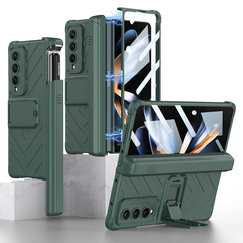 Magnetic Armor All-included Slide Pen Case With Back Screen Glass Hinge Holder Phone Cover For Samsung Galaxy Z Fold3 Fold4 Fold5 - Mycasety Mycasety