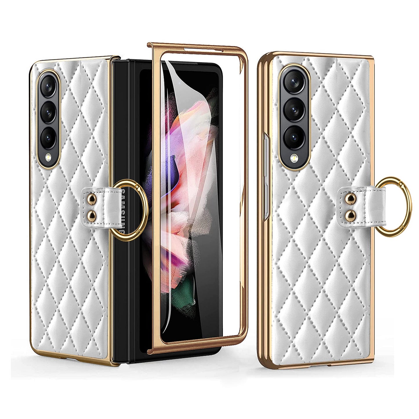 Luxurious Leather Ring Holder Protective Phone Case With Front Protection Film For Samsung Galaxy Z Fold5 Fold4 Fold3 - Mycasety Mycasety