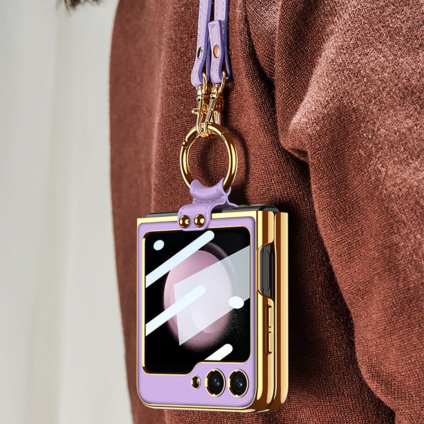 Luxury Leather Samsung Z Filp5 Phone Case With Crossbody Rope