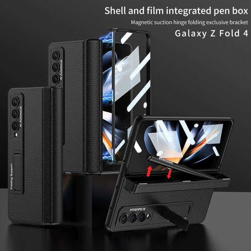 Magnetic Hinge Holder Protective Pen Case Leather Phone Case With Back Screen Glass For Samsung Galaxy Z Fold3 Fold4 Fold5 5G - Mycasety Mycasety