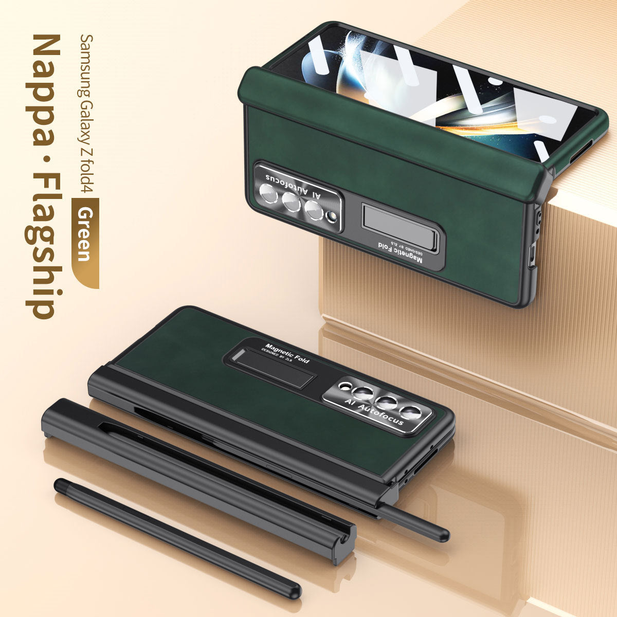 Luxury Nappa Leather Cover Magnetic Hinge Folding Shell Case For Samsung Galaxy Z Fold3 Fold4 Fold5 With S-Pen Slot & Stylus - Mycasety Mycasety