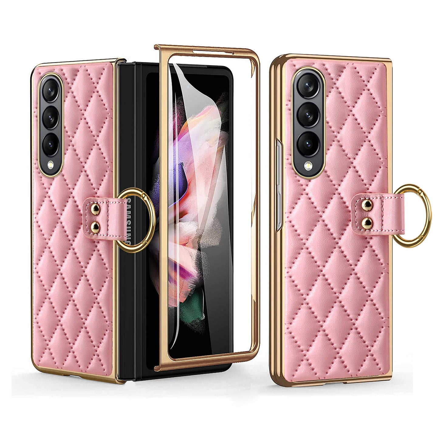 Luxurious Leather Ring Holder Protective Phone Case With Front Protection Film For Samsung Galaxy Z Fold5 Fold4 Fold3 - Mycasety Mycasety