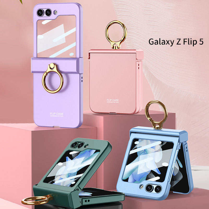 Electroplated hinge all-inclusive Case with Ring Front Screen Tempered Glass Protective Film For Samsung Galaxy Z Flip5