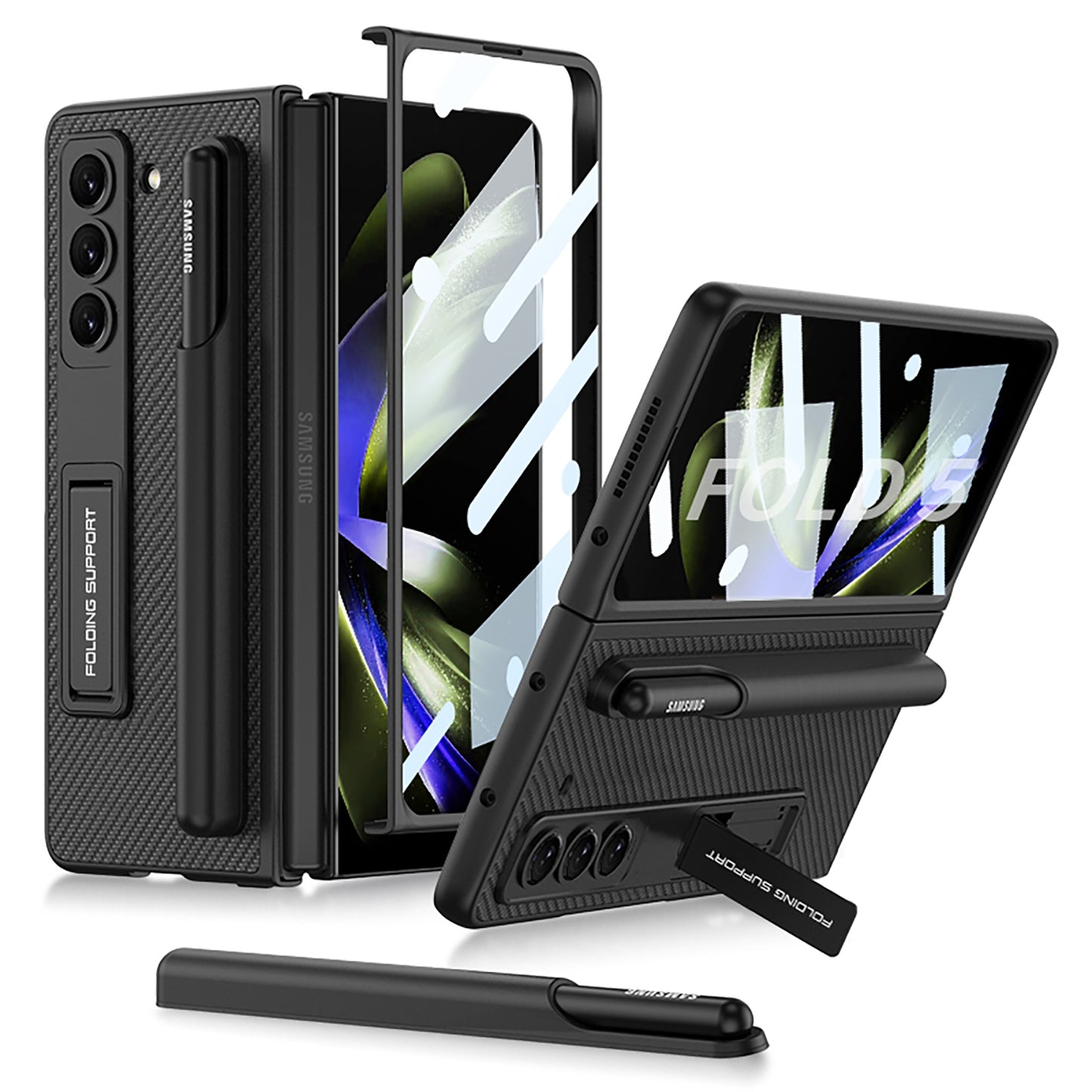 Samsung Galaxy Z Fold 5 Case with Front Screen Tempered Glass Protector & Pen Slot & Stylus