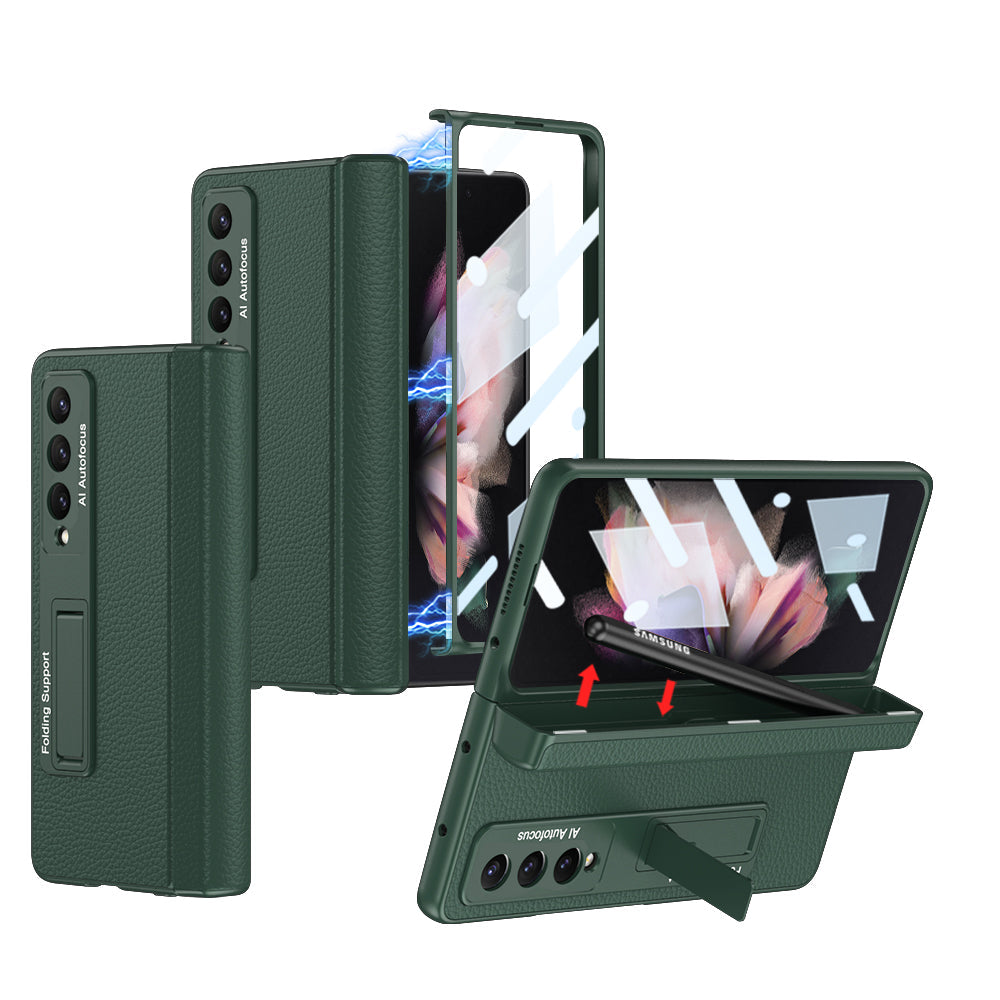 Magnetic Hinge Holder Protective Pen Case Leather Phone Case With Back Screen Glass For Samsung Galaxy Z Fold3 Fold4 Fold5 5G - Mycasety Mycasety