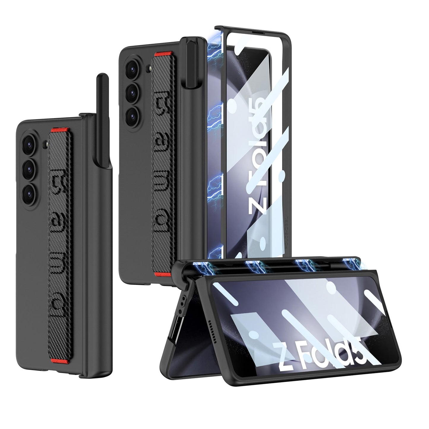 Magnetic Hinge Pen Slot Wristband Holder Phone Case With Back Screen Protector For Samsung Galaxy Z Fold5 Fold4 Fold3 - mycasety2023 Mycasety