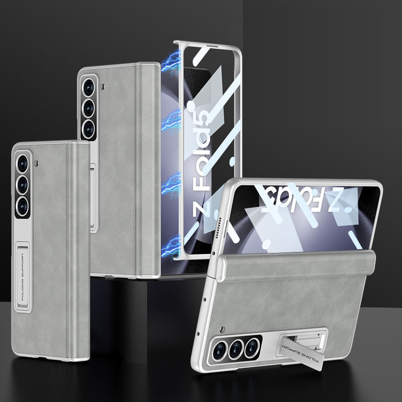 Plain leather Samsung Z Fold5 Phone Case with Screen Protector & Stand