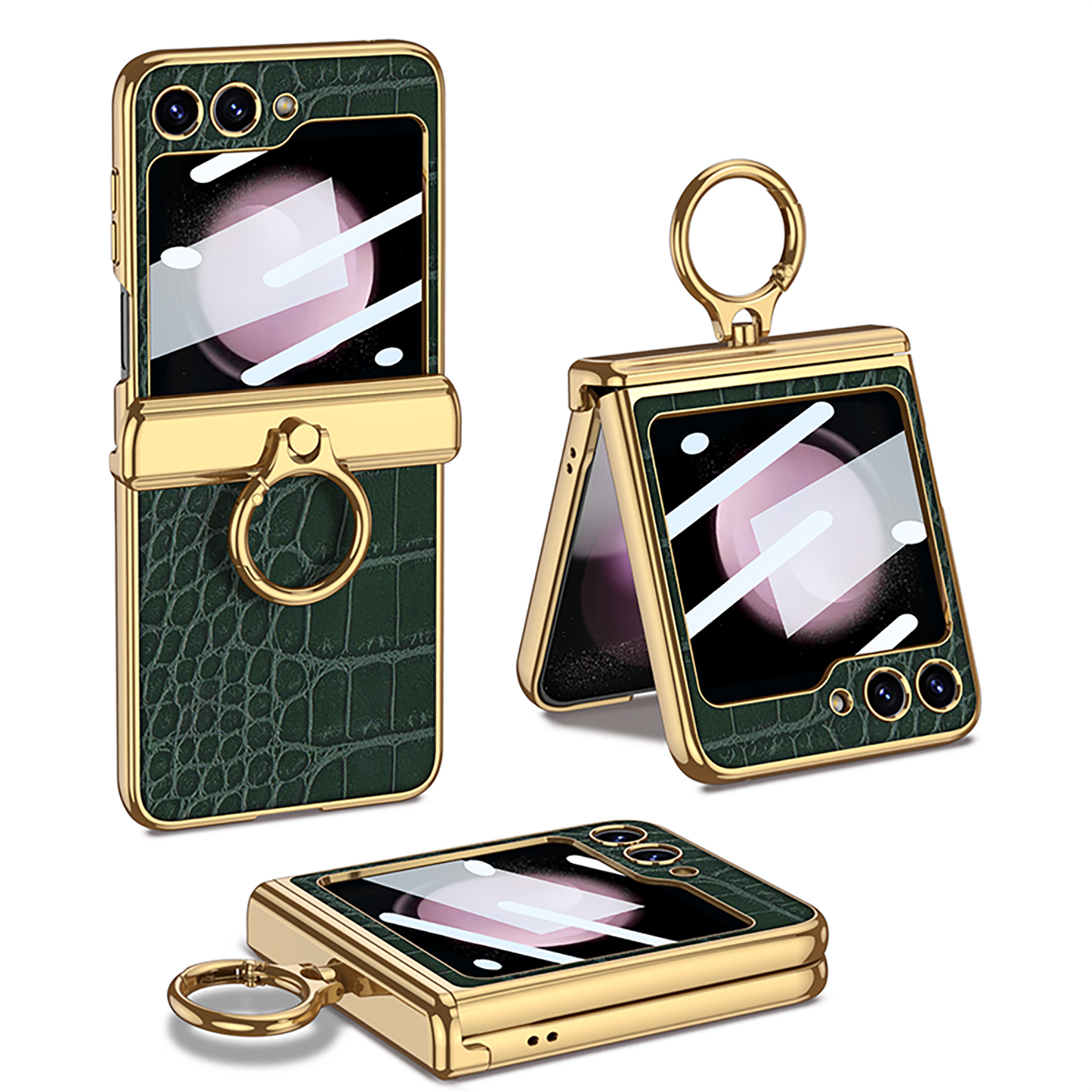 Electroplated Leather Magnetic Hinge Ring Holder Case For Samsung Galaxy Z Flip5 Flip4 Flip3 With Front Protection Film - Mycasety Mycasety