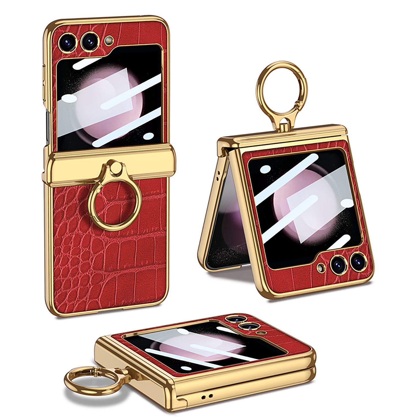 Electroplated Leather Magnetic Hinge Ring Holder Case For Samsung Galaxy Z Flip5 Flip4 Flip3 With Front Protection Film - Mycasety Mycasety