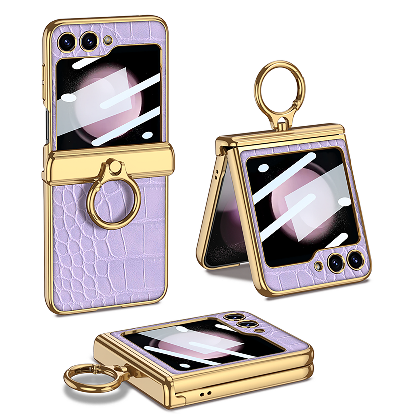 Electroplated Leather Magnetic Hinge Ring Holder Case For Samsung Galaxy Z Flip5 Flip4 Flip3 With Front Protection Film - Mycasety Mycasety