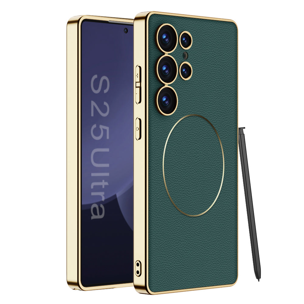 Shockproof Leather Golden Phone Case Support Wireless Charge For Galaxy S25 S24 S23 Ultra