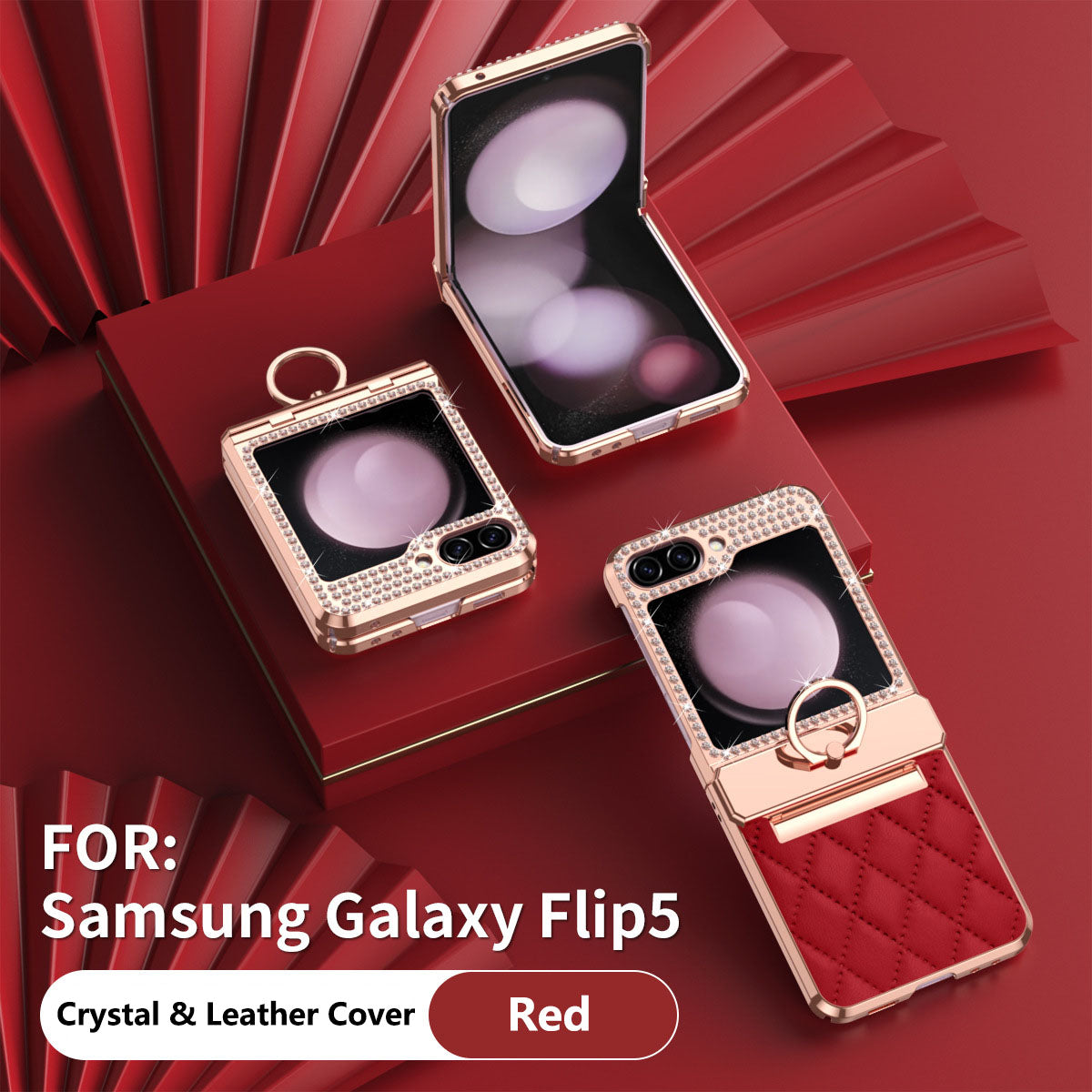 Lyxury Crystal Leather Ring Holder Protective Phone Case For Samsung Galaxy Z Flip 5/4/3 - mycasety2023 Mycasety