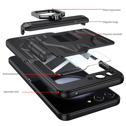 Foldable Phone Case with PC Material Hinge and Front Glass Metal Finger-ring Case for Samsung Galaxy Flip5