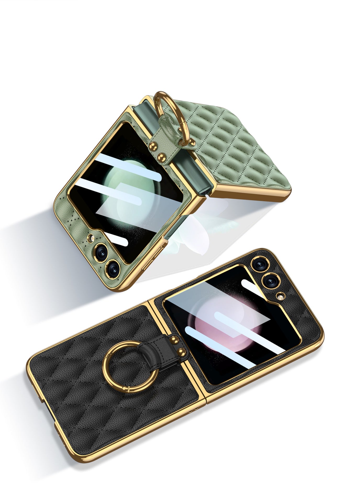 Luxury Argyle Leather Phone Case with Ring and Front Screen Protector For Samsung Galaxy Z Flip5