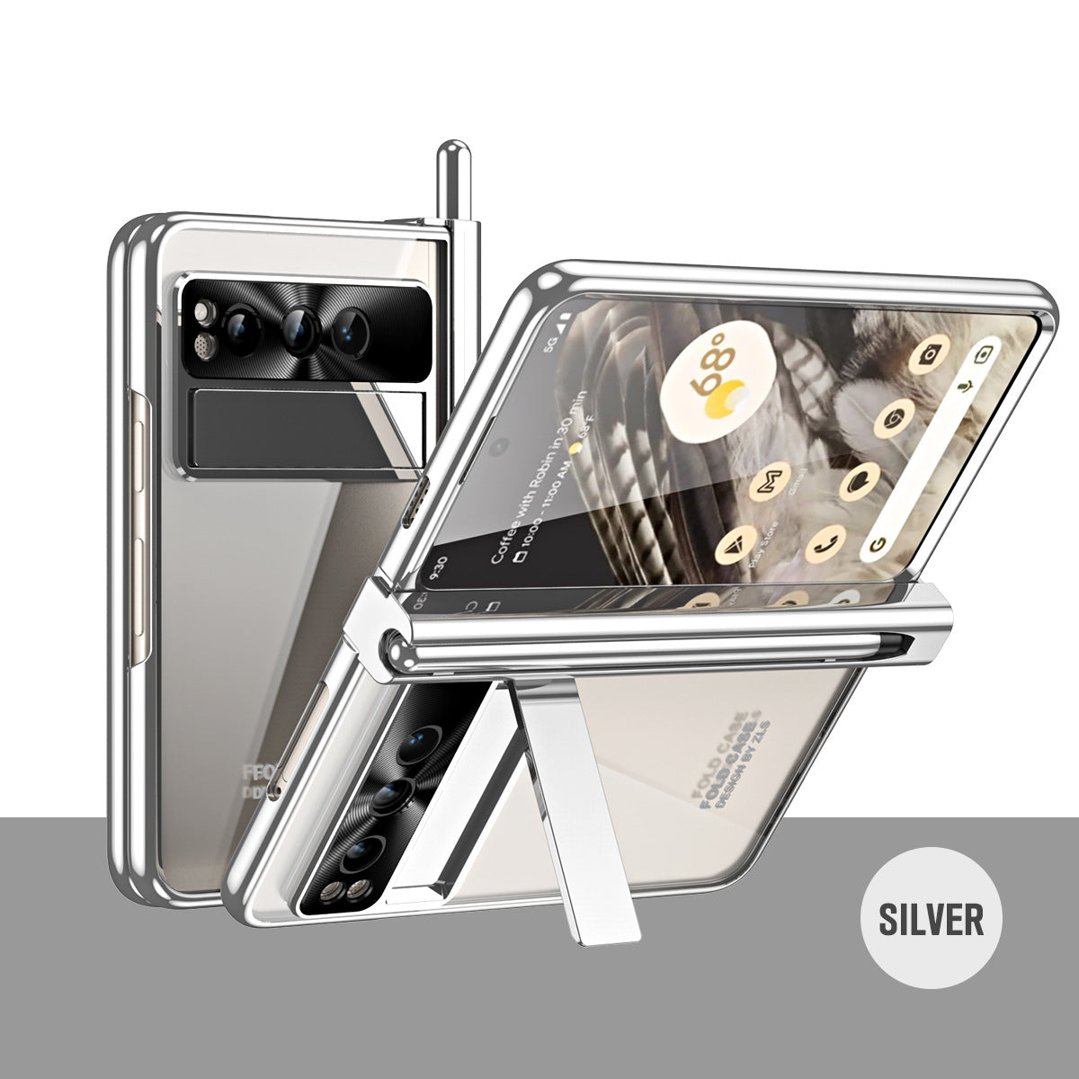 Electroplated Transparent Google Pixel Fold Case with Dual Hinge Protector & Screen Protector & Hidden Kickstand Pen Slot & Free Stylus