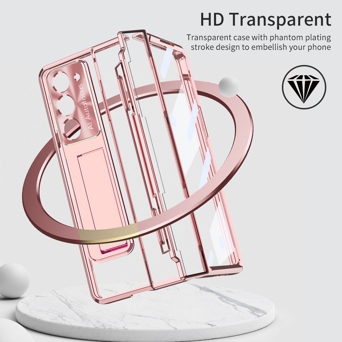 Electroplated Clear PC Galaxy Z Fold5 Case with Front Screen Protector & Flat Hinge & Hidden Stand And Pen Slot and Free Stylus