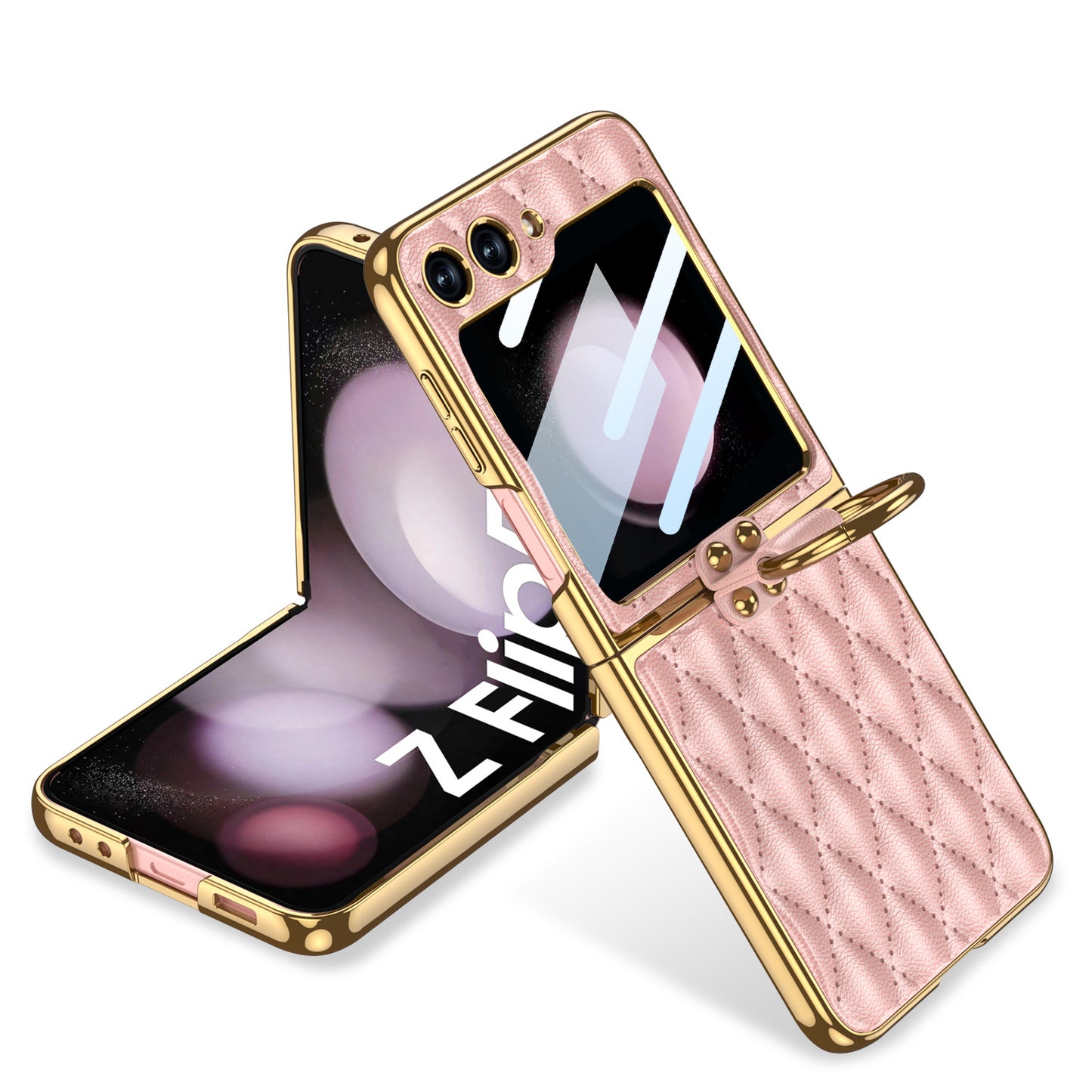 Luxury Argyle Leather Phone Case with Ring and Front Screen Protector For Samsung Galaxy Z Flip5