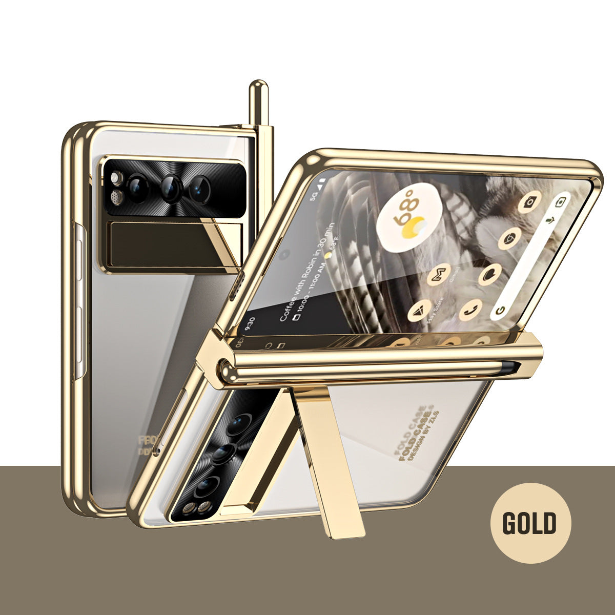 Electroplated Transparent Google Pixel Fold Case with Dual Hinge Protector & Screen Protector & Hidden Kickstand Pen Slot & Free Stylus