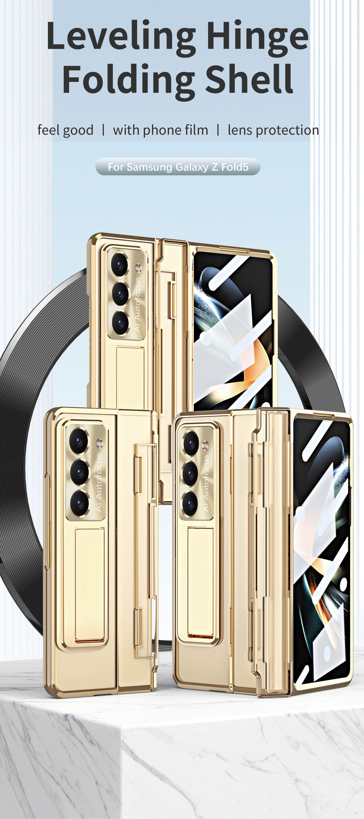 Electroplated Clear PC Galaxy Z Fold5 Case with Front Screen Protector & Flat Hinge & Hidden Stand And Pen Slot and Free Stylus