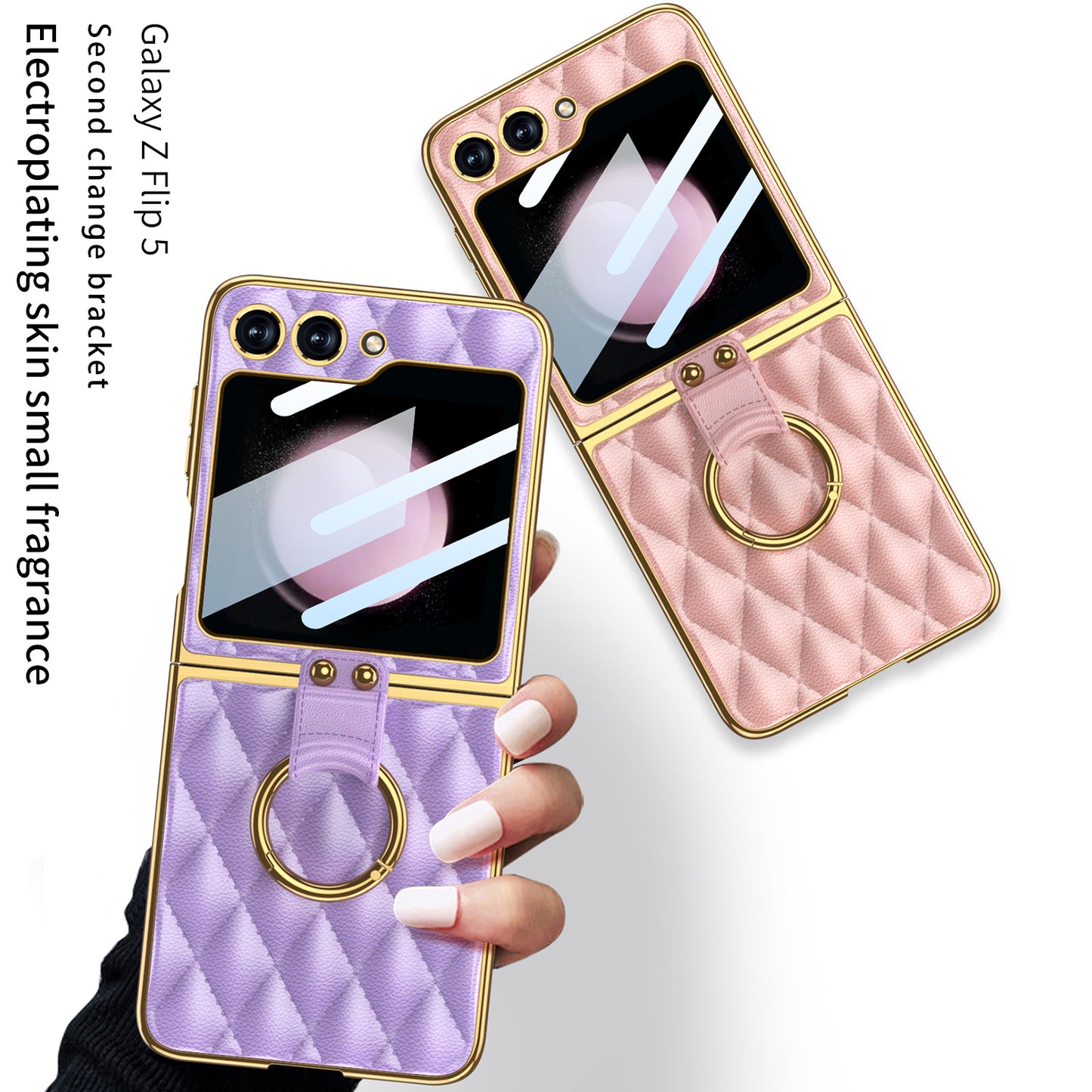 Luxury Argyle Leather Phone Case with Ring and Front Screen Protector For Samsung Galaxy Z Flip5