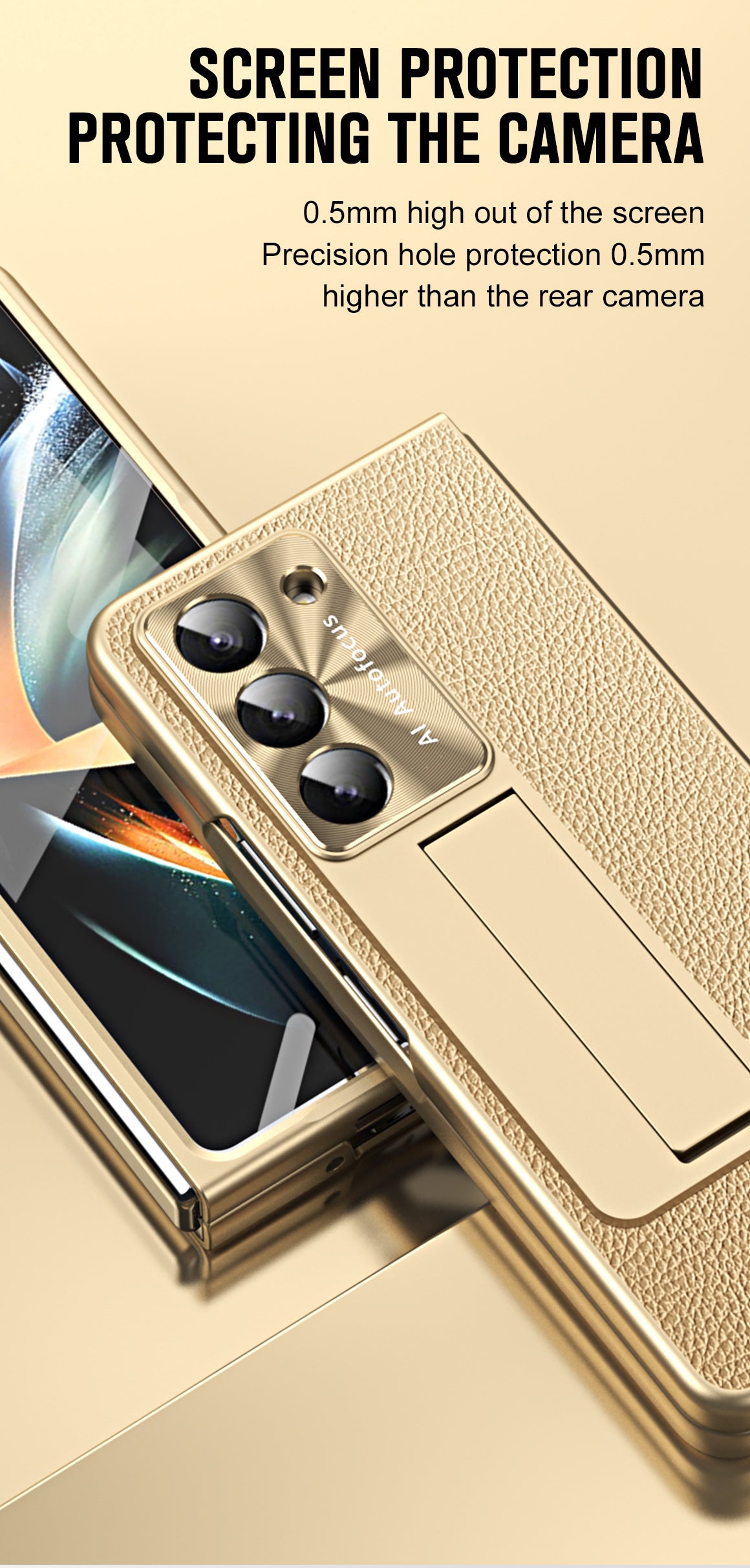 Leather Galaxy Z Fold5 Case with Front Screen Protector With Hidden Kick-Stand