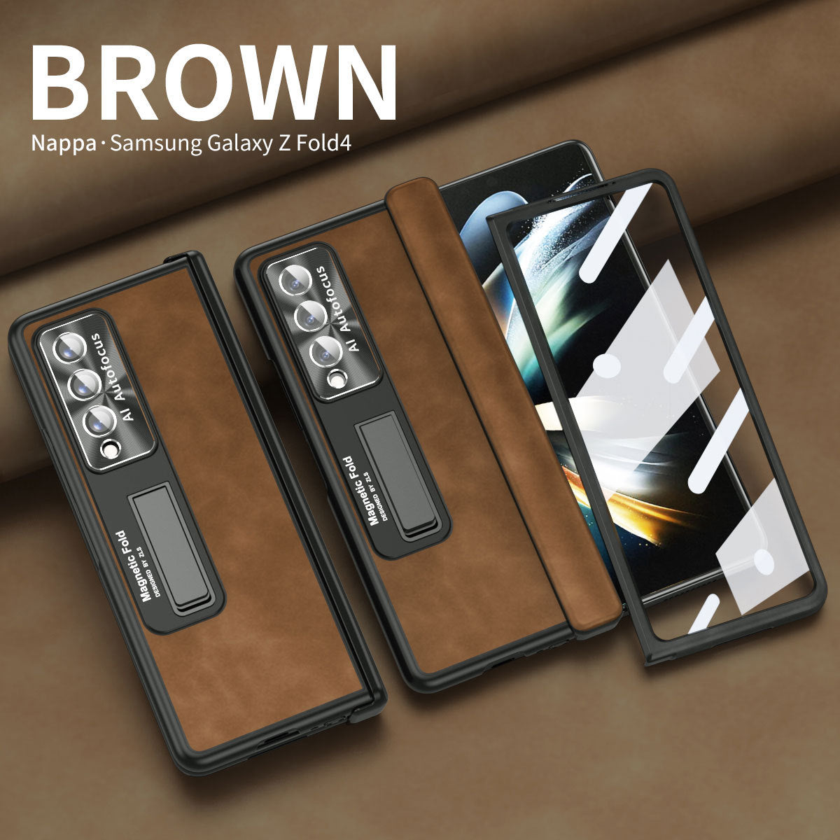 Luxury Nappa Leather Cover Magnetic Hinge Folding Shell Case For Samsung Galaxy Z Fold3 Fold4 Fold5 With Screen Protector - Mycasety Mycasety