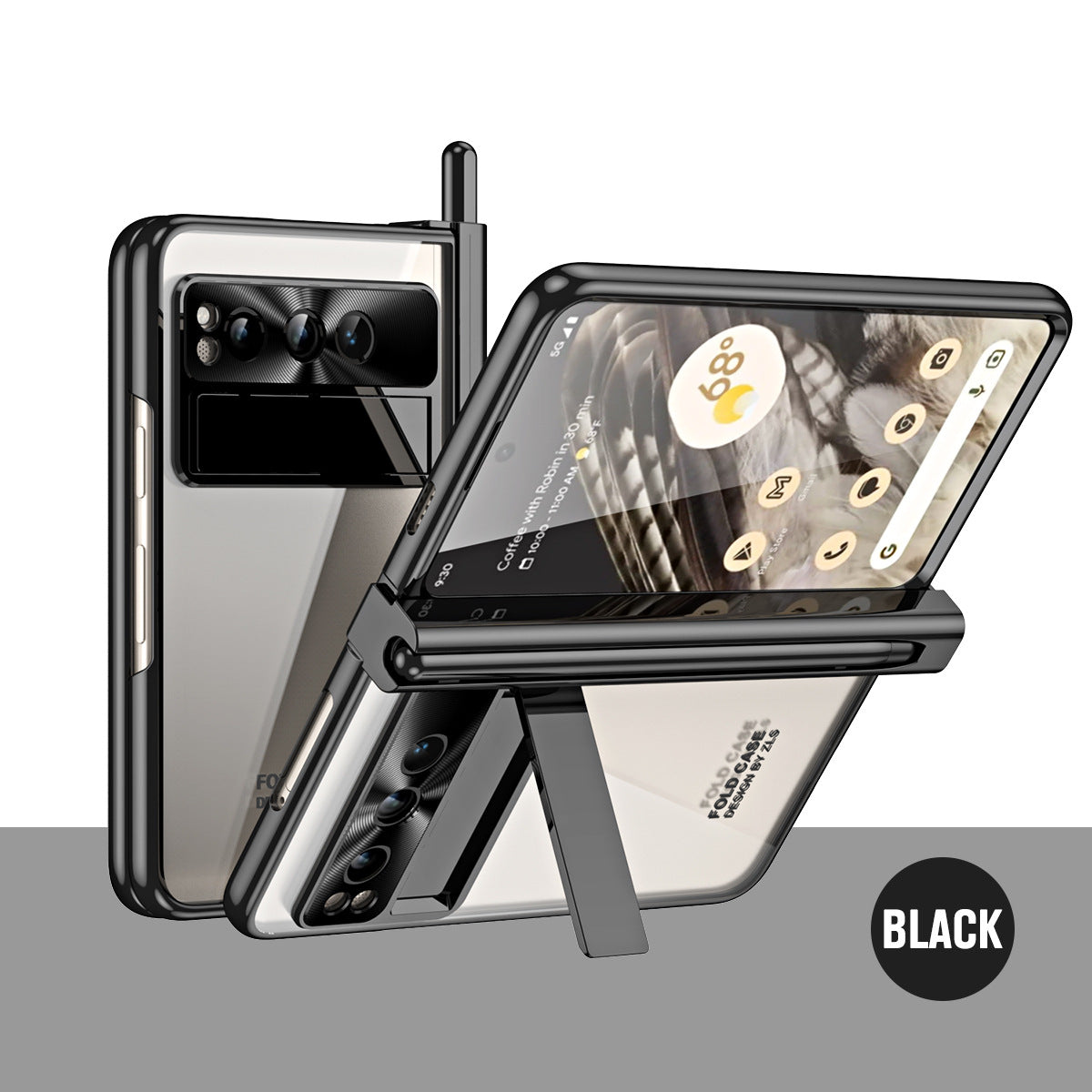 Electroplated Transparent Google Pixel Fold Case with Dual Hinge Protector & Screen Protector & Hidden Kickstand Pen Slot & Free Stylus