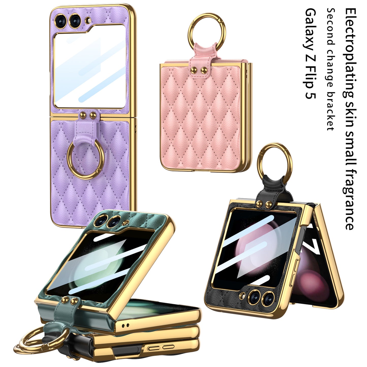 Luxury Argyle Leather Phone Case with Ring and Front Screen Protector For Samsung Galaxy Z Flip5