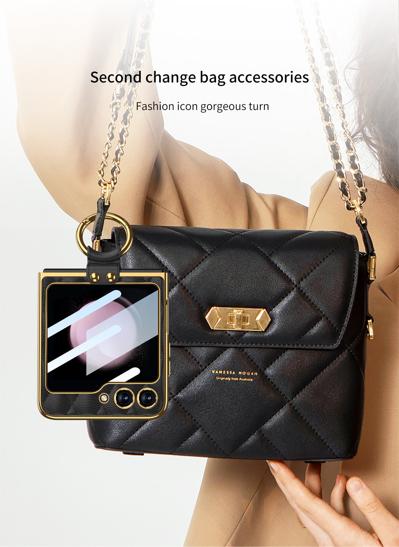 Luxury Argyle Leather Phone Case with Ring and Front Screen Protector For Samsung Galaxy Z Flip5