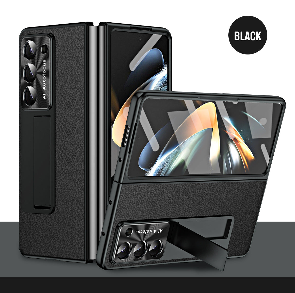 Leather Galaxy Z Fold5 Case with Front Screen Protector With Hidden Kick-Stand