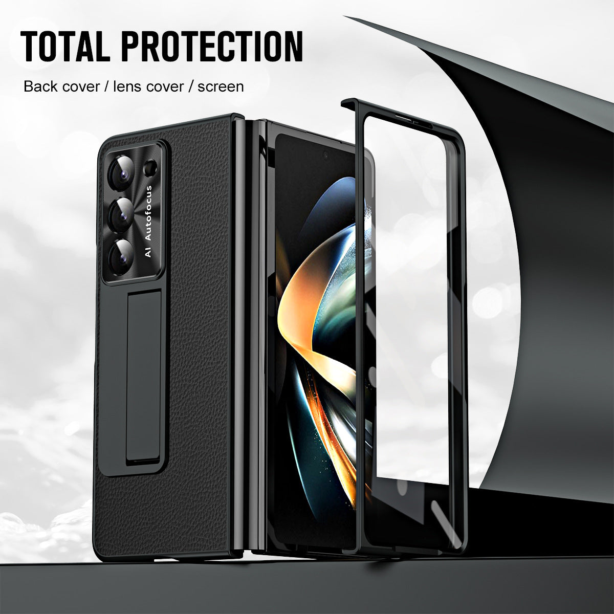 Leather Galaxy Z Fold5 Case with Front Screen Protector With Hidden Kick-Stand