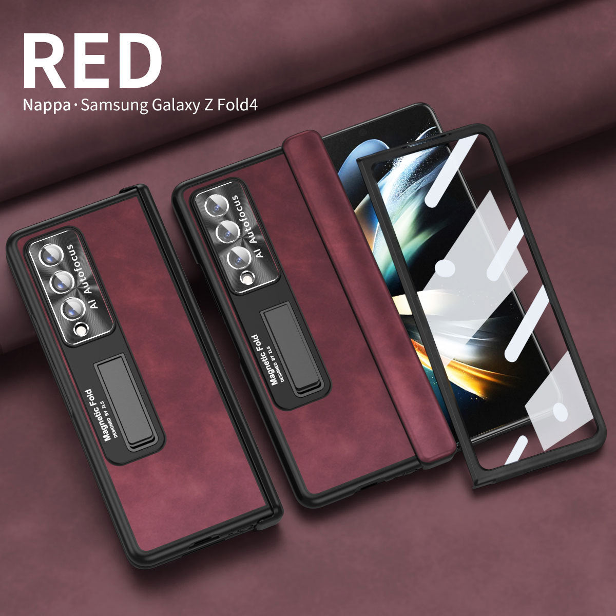 Luxury Nappa Leather Cover Magnetic Hinge Folding Shell Case For Samsung Galaxy Z Fold3 Fold4 Fold5 With Screen Protector - Mycasety Mycasety